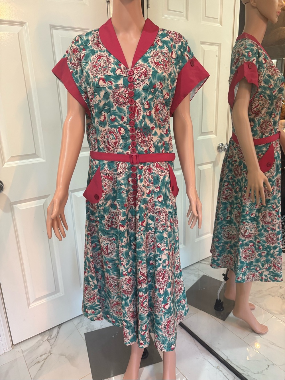 Vintage 1950s 1940s Pinup Teal and Pink Floral Midi Dress with Belt - Picture 2 of 8